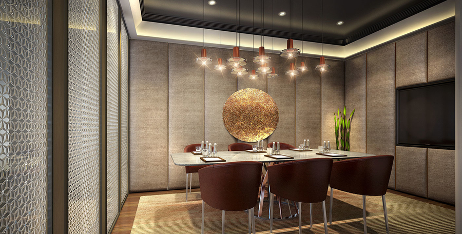 Sophisticated dining room with upholstered walls, bespoke marble table and red velvet dining tables. hba HBA – The Best Interior Design Projects in Dubai HBA8