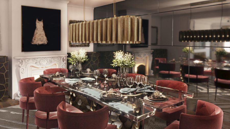 modern contemporary dining room with rectangular dining table and red velvet dining chairs incredible dining room ideas Incredible Dining Room Ideas To Create The Perfect and Unique Style Incredible Dining Room Ideas To Create The Perfect and Unique Style 1