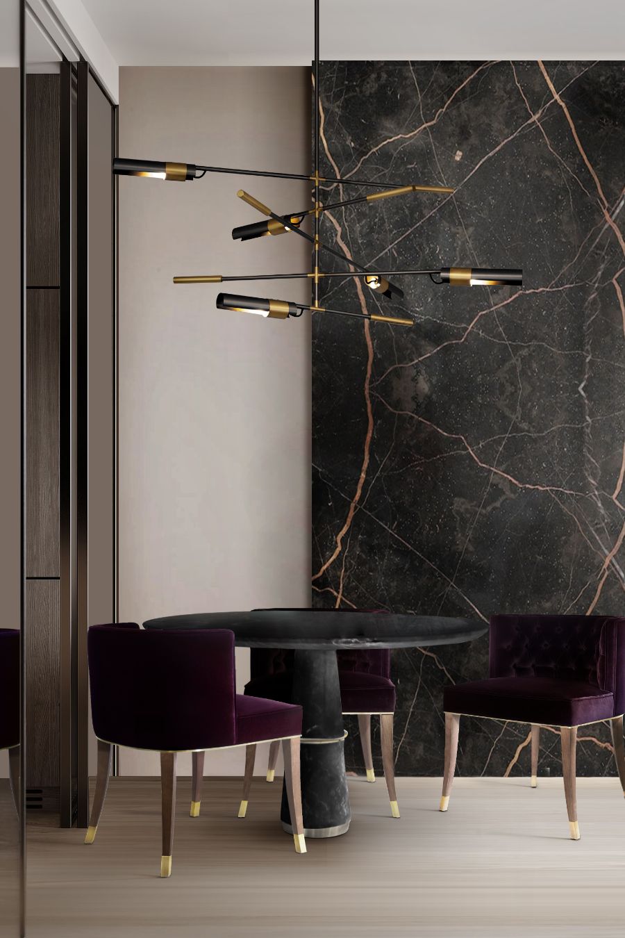 classic dining room design with plum velvet dining chairs and round black marble dining table incredible dining room ideas Incredible Dining Room Ideas To Create The Perfect and Unique Style Incredible Dining Room Ideas To Create The Perfect and Unique Style 3