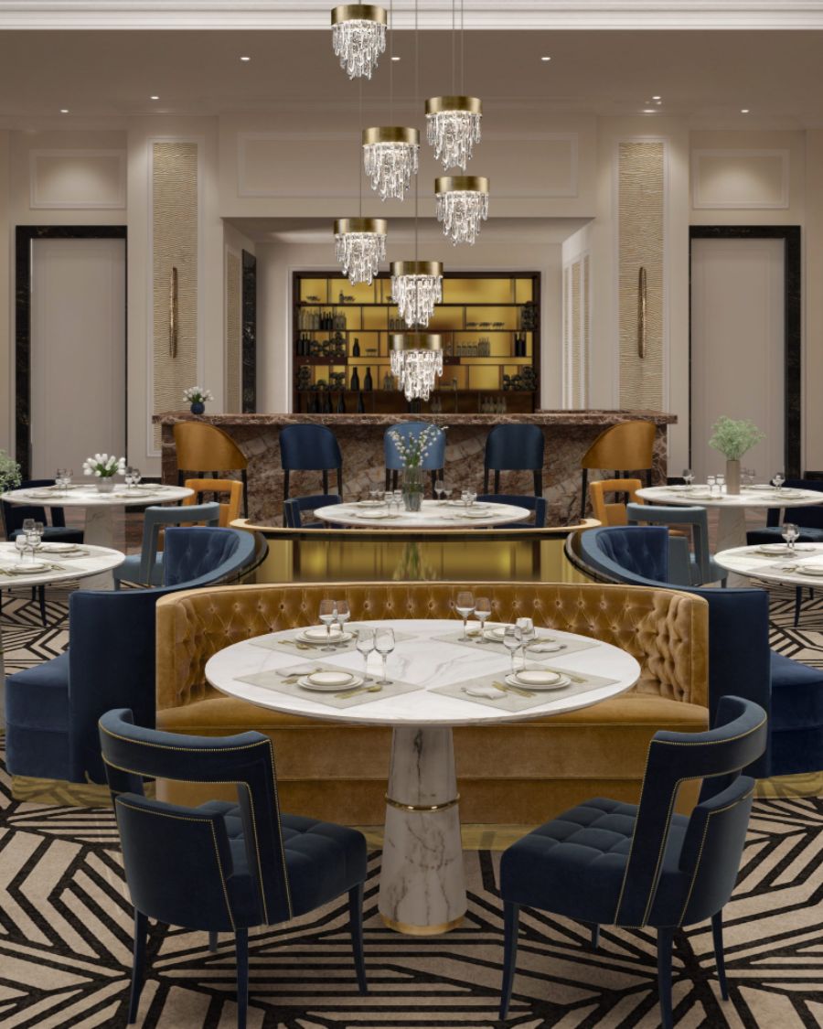 blue and brown sofas, white dining tables, plates, glases, golden suspension lights, bar lgf spaces LGF SPACES Best Interior Design Projects LGF SPACES Best Interior Design Projects1 9 1