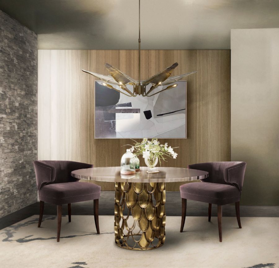 earth inspired dining room design with brass suspension light and round dining table modern lighting ideas for the dining room Modern Lighting Ideas for the Dining Room Modern Lighting Ideas for the Dining Room 2