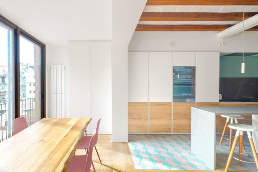 dining table, pink dining chairs, white cabinets, kitchen bar, white and brown stools nook architects Nook Architects Best Interior Designs Nook Architects Best Interior Designs1 10 1