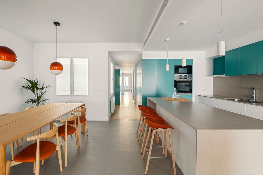 orange dining chairs, aquamarine cabinets, kitchen bar, wooden dining table nook architects Nook Architects Best Interior Designs Nook Architects Best Interior Designs1 12 1
