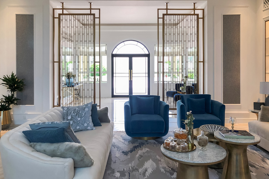 Living room furnished with custom upholstery with different colours, a custom rug and some custom center tables. cherwell Cherwell – Best Interior Design Inspirations Webp