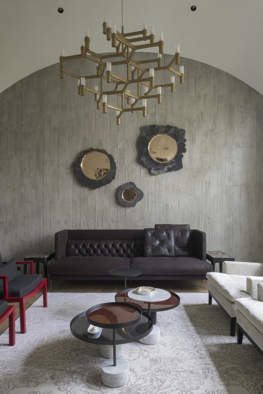 A dining room with bespoke upholstery  completed with some dark colours details. vshd design VSHD Design – Minimalist Interior Designs Inspirations Webp