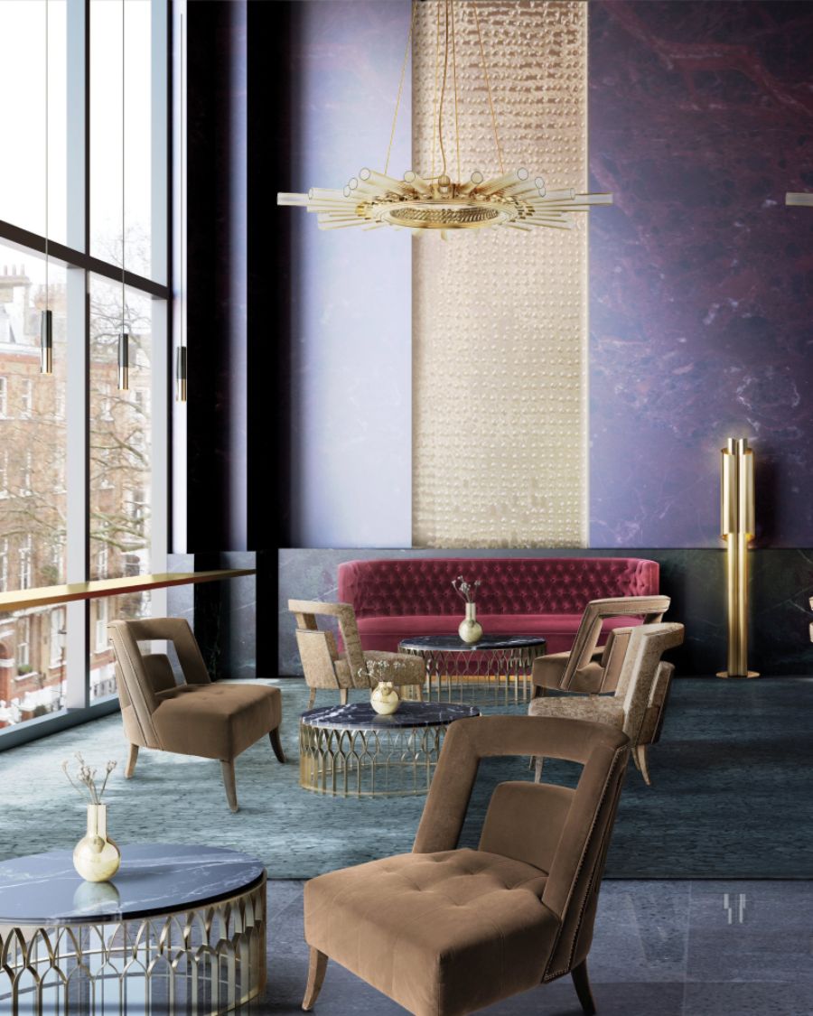 hotel lobby, brown armchairs, black and golden coffee tables, red sofa, golden suspension and floor lamp cuarto interior Cuarto Interior Modern Interior Design Ideas Cuarto Interior Modern Interior Design Ideas1 9 1