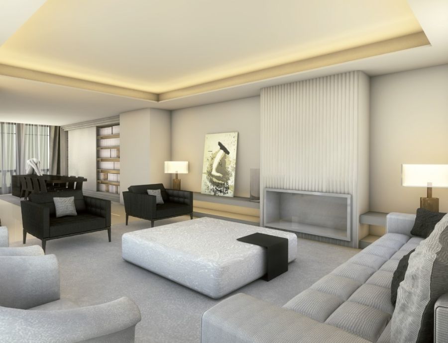 living room with grey sofa, black armchairs and white coffee table, white fireplace sara folch Sara Folch Modern Style Inspiration Sara Folch Modern Style Inspiration1 3 1