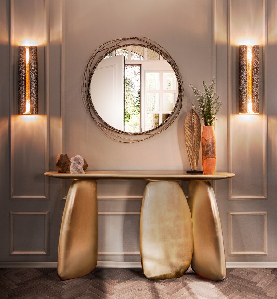 mirrors inspirations for hallways round mirror and gold console unique mirrors Unique Mirrors Inspirations to Spice Up Hallways Unique Mirrors Inspirations to Spice Up Hallways 4