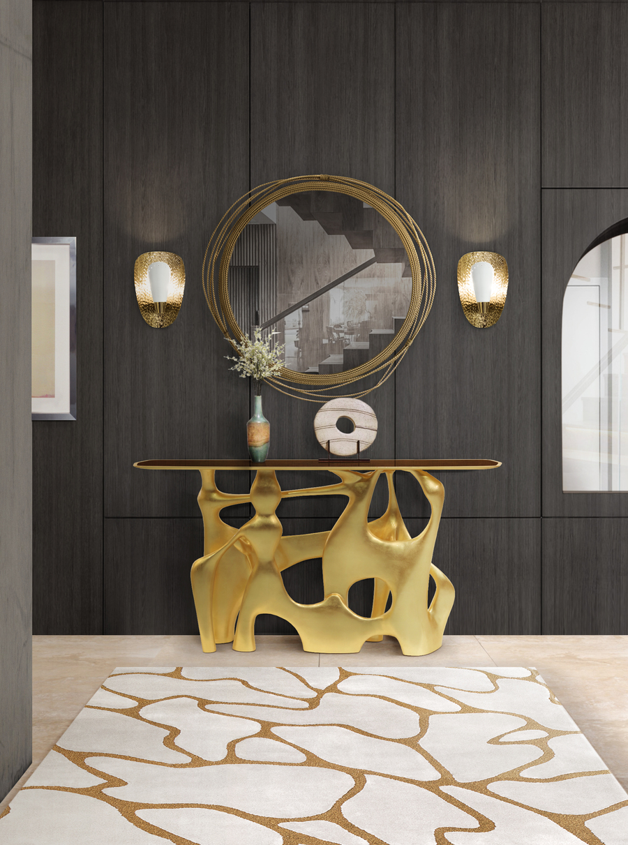 unique mirrors for hallways round mirror and hand-tailored console darker colours  unique mirrors Unique Mirrors Inspirations to Spice Up Hallways Unique Mirrors Inspirations to Spice Up Hallways 5