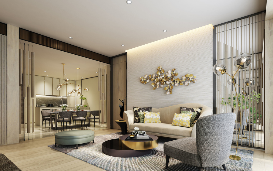 A living room embellished with gold details, furnished with some bespoke upholstery, a custom center table and a custom rug. aedas Aedas – Modern Interior Design Ideas Webp