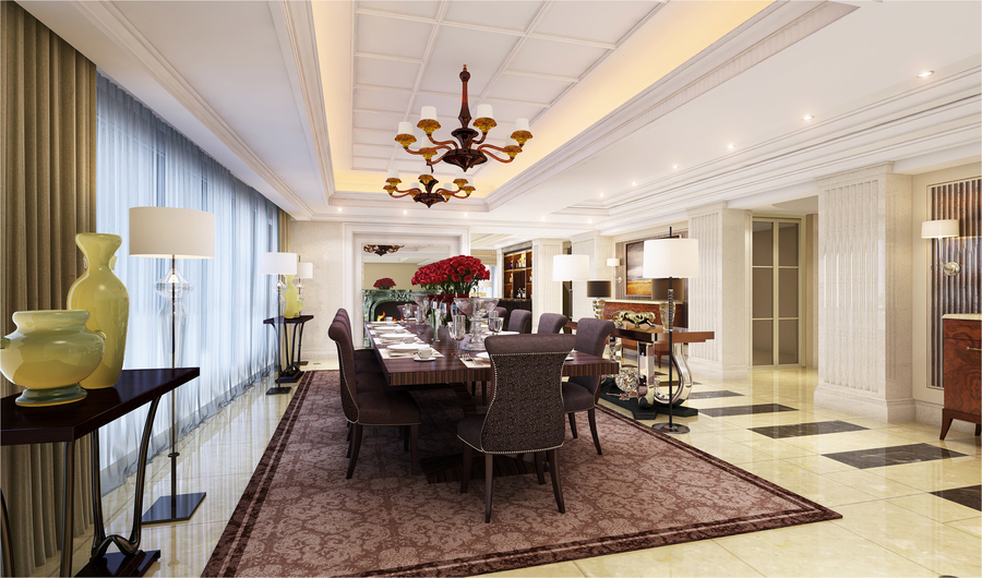 Dining room furnished with bespoke upholstery, completed with a custom rug and custom dining table and side tables. aedas Aedas – Modern Interior Design Ideas Webp