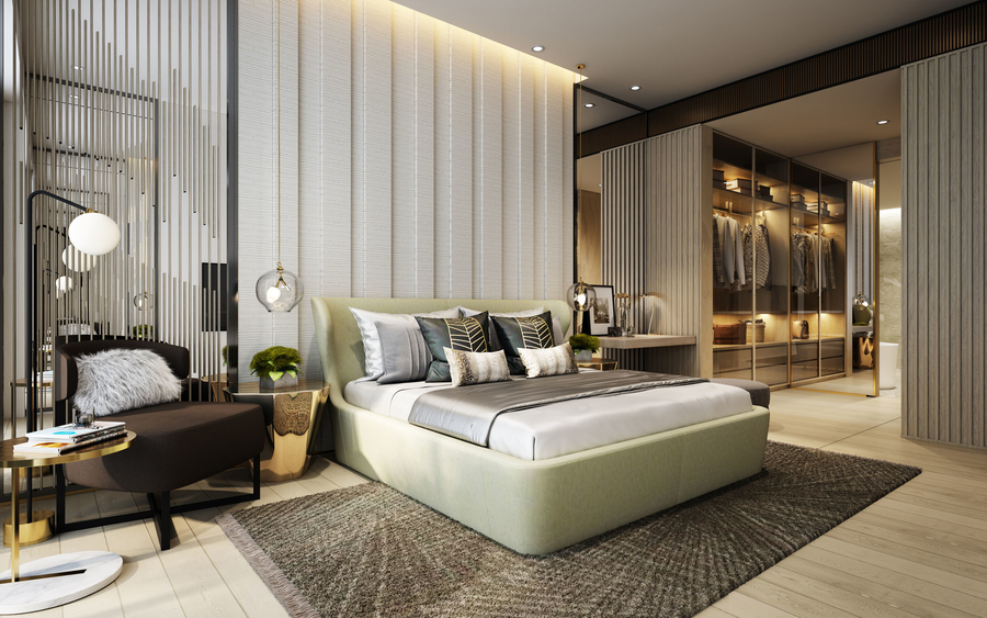 Bedroom furnished with bespoke upholstery, some custom rugs and custom side tables. aedas Aedas – Modern Interior Design Ideas Webp