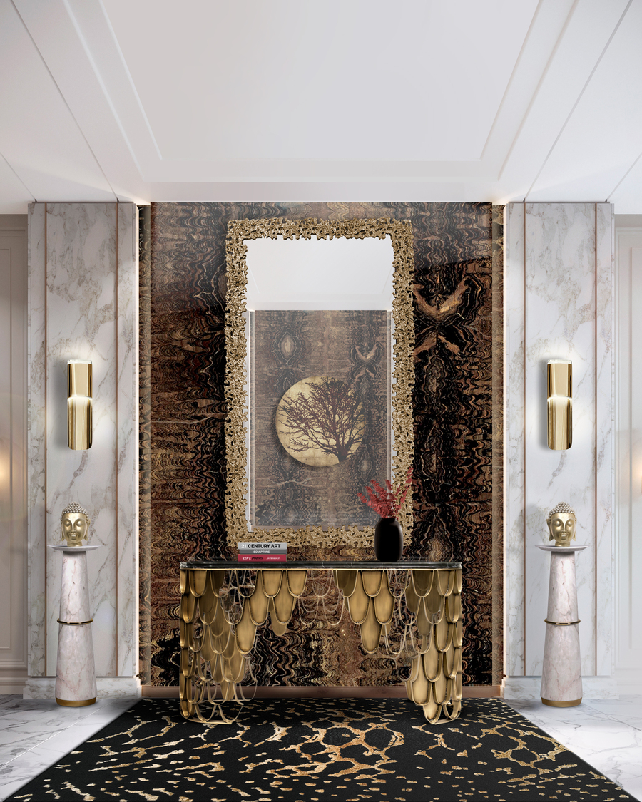nature-inspired entryway with golden square mirror and golden console the best modern consoles The Best Modern Consoles for Hallways and Entryways BB Entryway Koi AgraPhong