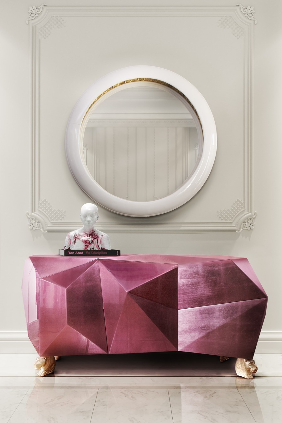 white console and white mirror in a modern hallway design modern round mirrors for hallways and entryways Modern Round Mirrors for Hallways and Entryways: Brass, Wood, Gold & Silver BL1