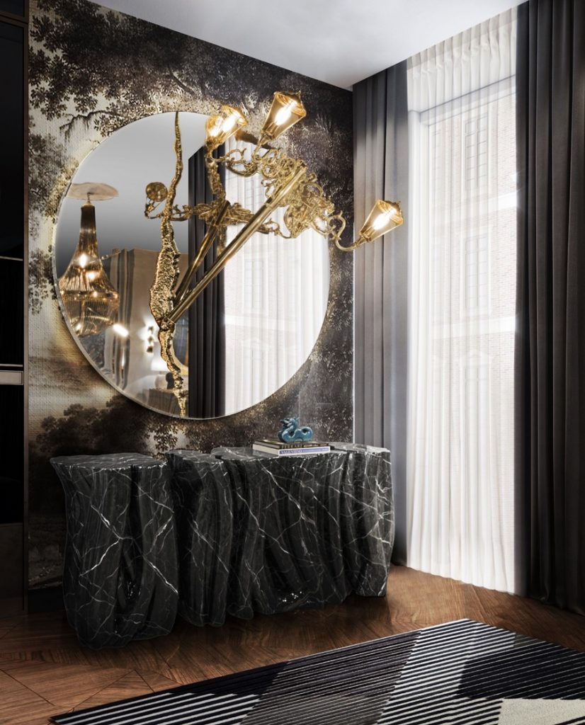 golden mirror in a black hallway design modern round mirrors for hallways and entryways Modern Round Mirrors for Hallways and Entryways: Brass, Wood, Gold & Silver BL3 826x1024