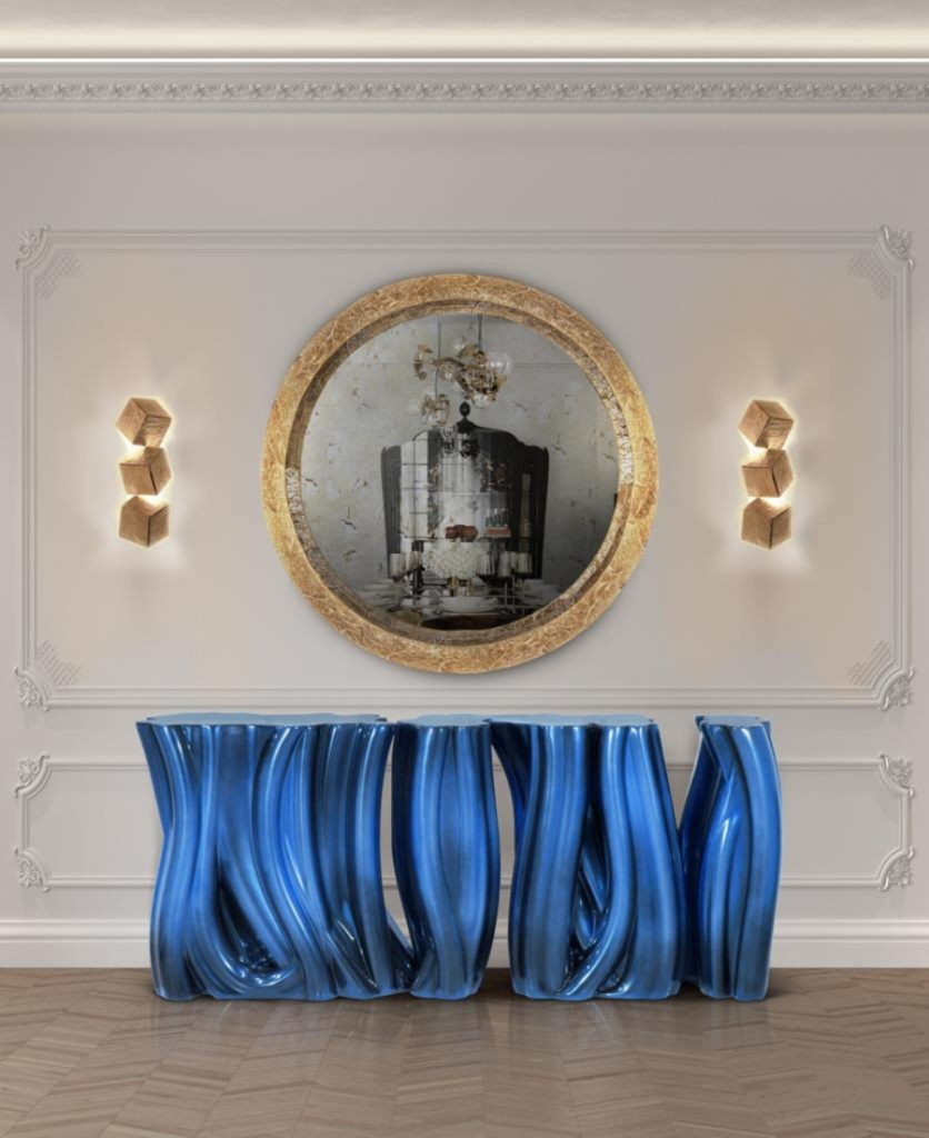 marvellous blue hallway with gold tones the best modern consoles The Best Modern Consoles for Hallways and Entryways BL3 836x1024
