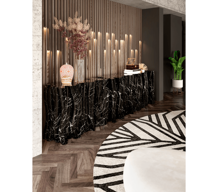 warm tones hallway with black console and geometric rug the best modern consoles The Best Modern Consoles for Hallways and Entryways BL4