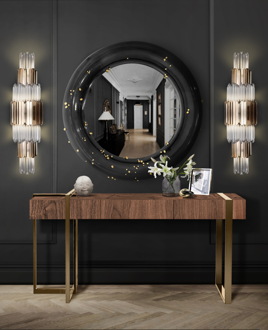 dark hallway deisgn woith round black belize mirror and wood console the best modern consoles The Best Modern Consoles for Hallways and Entryways CL Lungo 1
