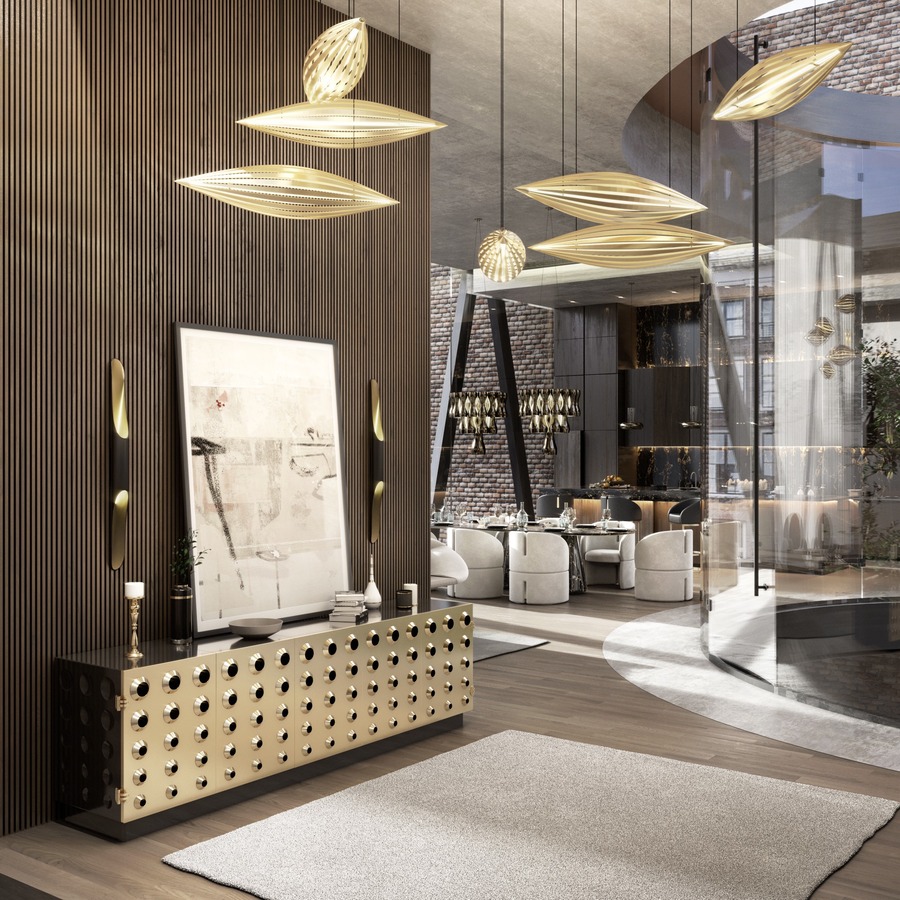 gold tones console with brown wall and details modern hallway decoration Modern Hallway Decoration to Create a Unique Space DL5 1