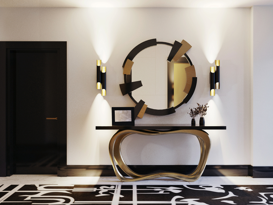 CASA NY FIFTH AVENUE INSPIRED LONG AND MODERN ENTRYWAY INSPIRATION gold, black and white entryway inspiration Entryway Inspiration by the Opulent Empire Penthouse in New York Entrda NY 01 1