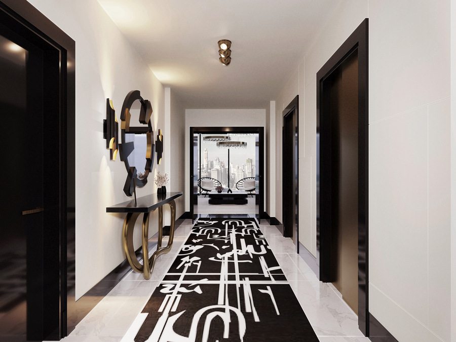 CASA NY FIFTH AVENUE INSPIRED LONG AND MODERN ENTRYWAY INSPIRATION gold, black and white entryway inspiration Entryway Inspiration by the Opulent Empire Penthouse in New York Entrda NY 02 1