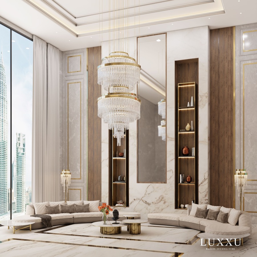 magnificent gold tones living room with big chandelier and neutral tones sofa modern sofas for living rooms Modern Sofas Inspiration for Your Living Room LX2