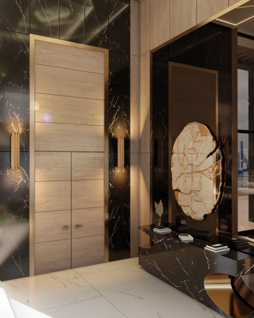 luxurious living room with golden round mirror modern hallway decoration Modern Hallway Decoration to Create a Unique Space Modern Hallway Decoration to Create a Unique Space2 819x1024