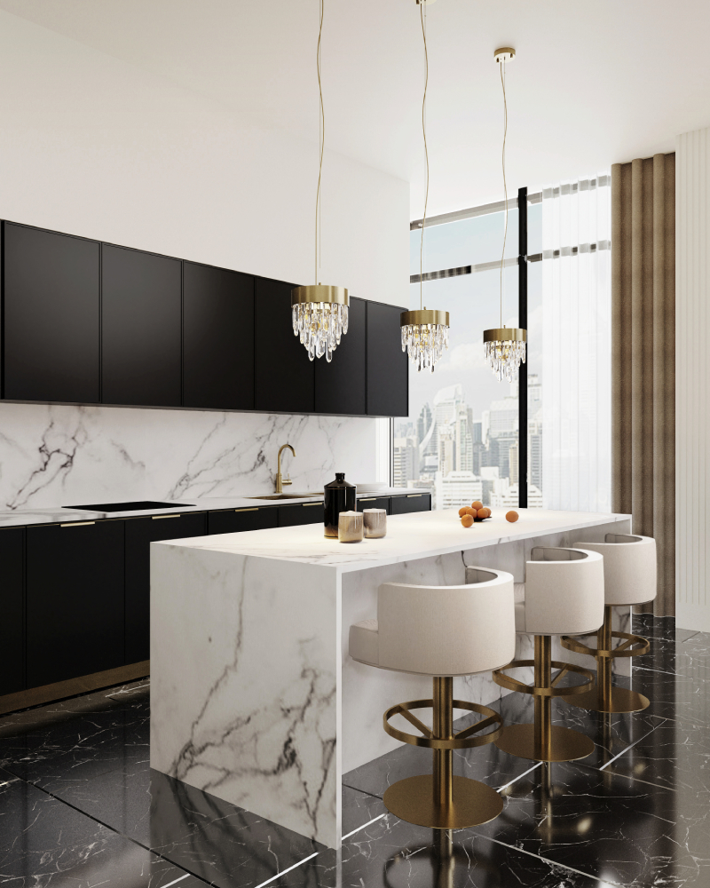 kitchen with white marble counter and white counter stools pietan Pietan Design Modern Style Inspirations Pietan Design Modern Style Inspirations1 9