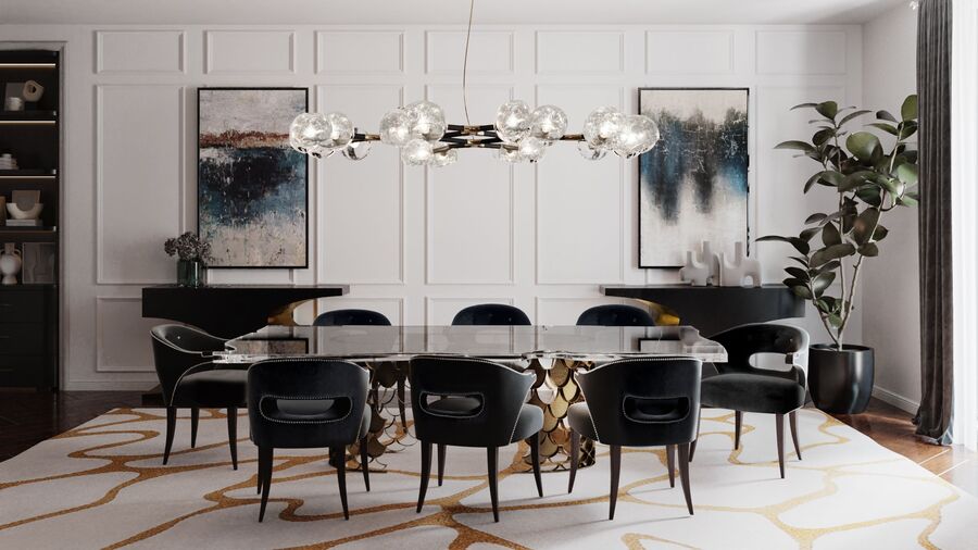 black and gold dining room design with velvet dining chairs  glamorous dining room designs 10 Glamorous Dining Room Designs You Need to Know 10 Glamorous Dining Room Designs You Need to Know 6