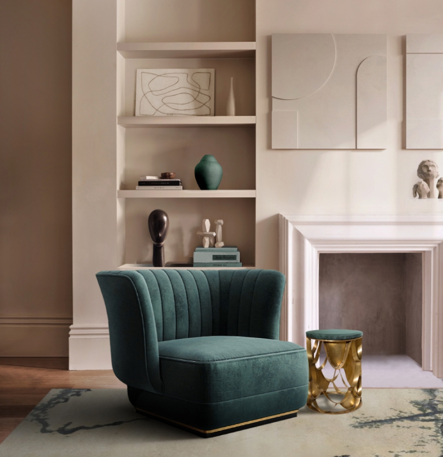 Coe Mudford Interior Design: Modern home decoration ideas. The perfect choice for a reading corner is a green velvet-upholstered armchair ELK, a round marble tabletop and brass structure KOI side table and the neutral and comforting tones of the GOBI Rug. modern home decoration ideas Modern home decoration ideas: Coe Mudford Interior Design BB Amb Elk Armchair Koi Sidetable 2 1