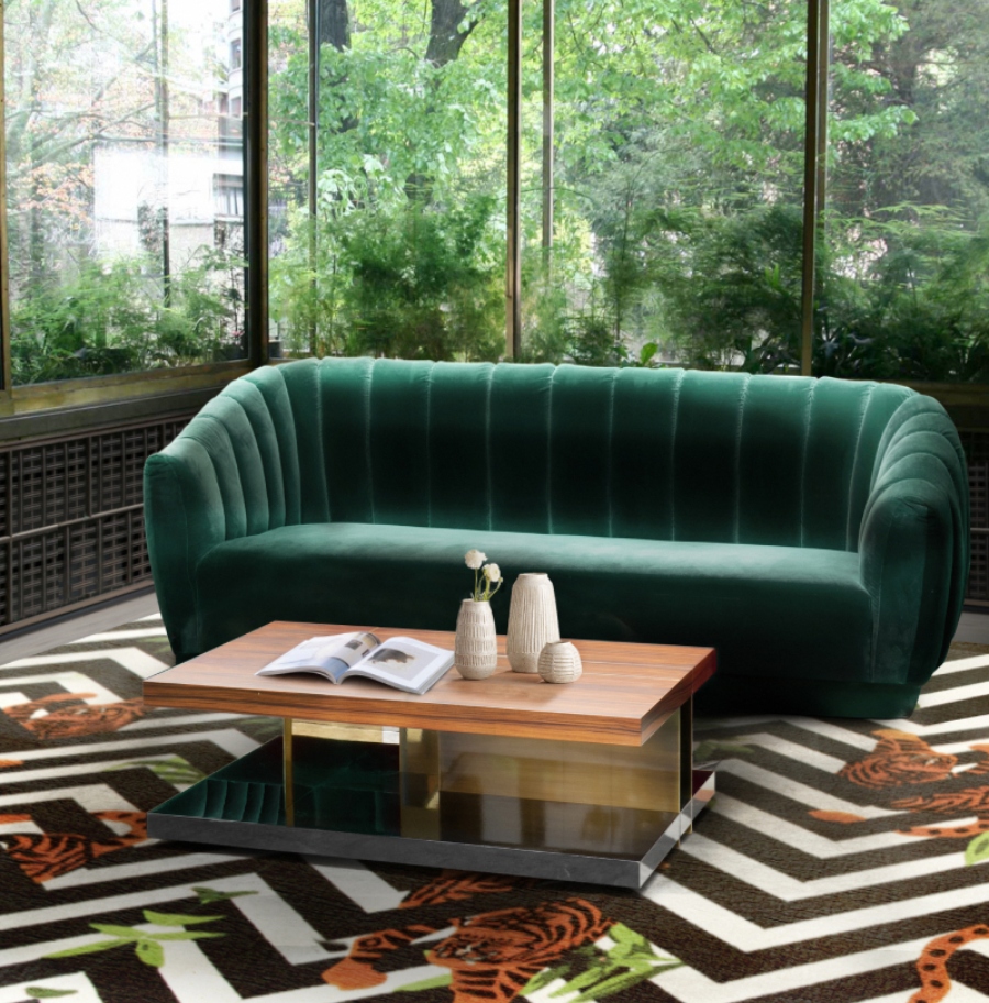 Coe Mudford Interior Design: Modern home decoration ideas.  This modern green nature-inspired living room has the green velvet sofa OREAS with the wood rectangular centre table LALLAN, that together with the FELINE Rug, create a unique modern nature-inspired green living room. modern home decoration ideas Modern home decoration ideas: Coe Mudford Interior Design BB RS feline 2 3