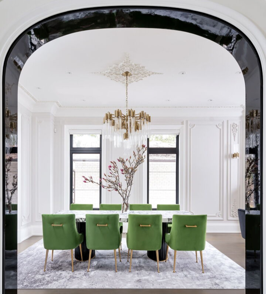 Home decoration ideas by Tomas Pearce Interior Design Consulting Inc. . This dining room in white walls with a marble rectangular table, armchairs in green and is covered with a white and grey rug.  home decoration ideas Home decoration ideas by Tomas Pearce Interior Design Consulting Inc. Dove lane 3 1