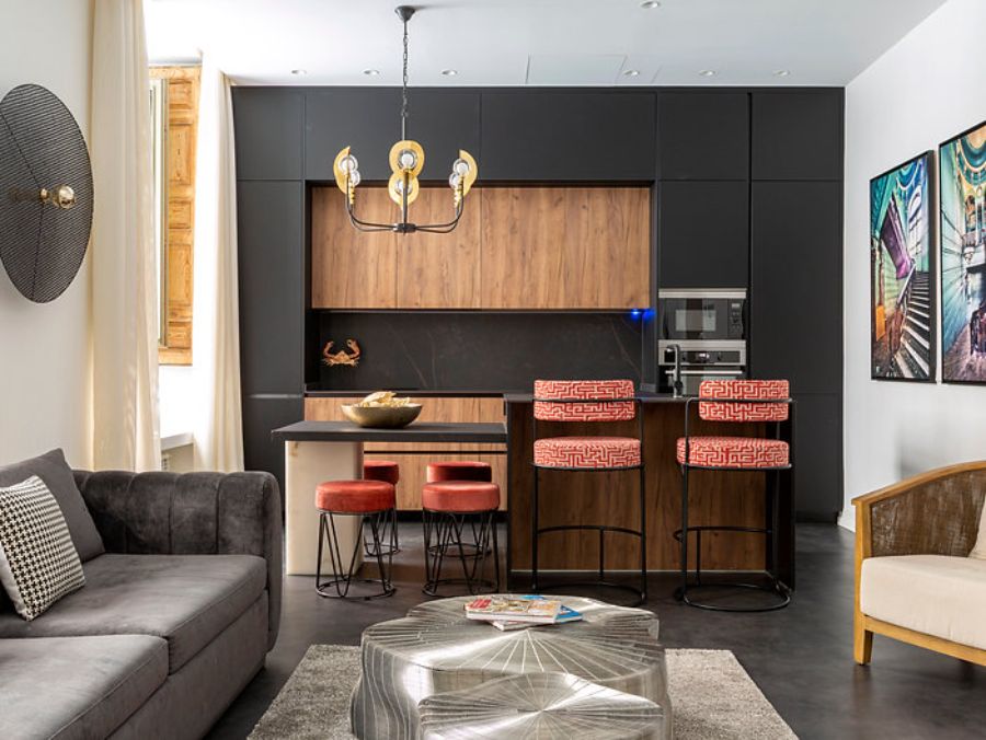 kitchen by miguel muñoz estudio with wooden and red counter stools miguel muñoz estudio Miguel Muñoz Estudio Modern Style Inspirations Miguel Munoz Estudio Modern Style Inspirations1 6 1