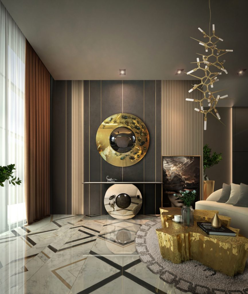 unique living room design with golden mirror modern sofas for living rooms Modern Sofas Inspiration for Your Living Room Modern Sofas Inspiration for Your Living Room 2 865x1024