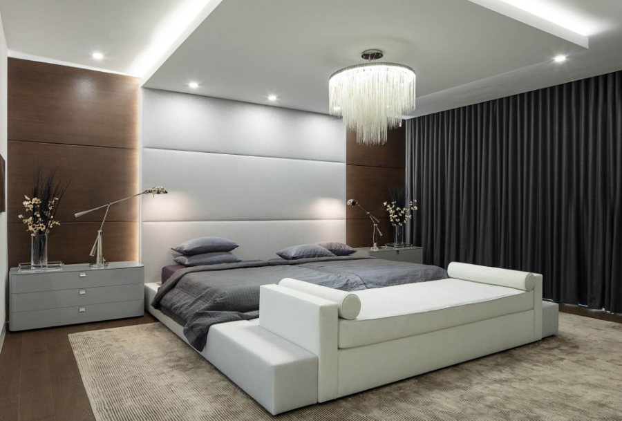 Home decoration ideas by Tomas Pearce Interior Design Consulting Inc. .  This bedroom has a bed frame in white, wood walls, a crystal chandelier, and a brown rug that covers all the room.   home decoration ideas Home decoration ideas by Tomas Pearce Interior Design Consulting Inc. Spring Bank Road 2 1