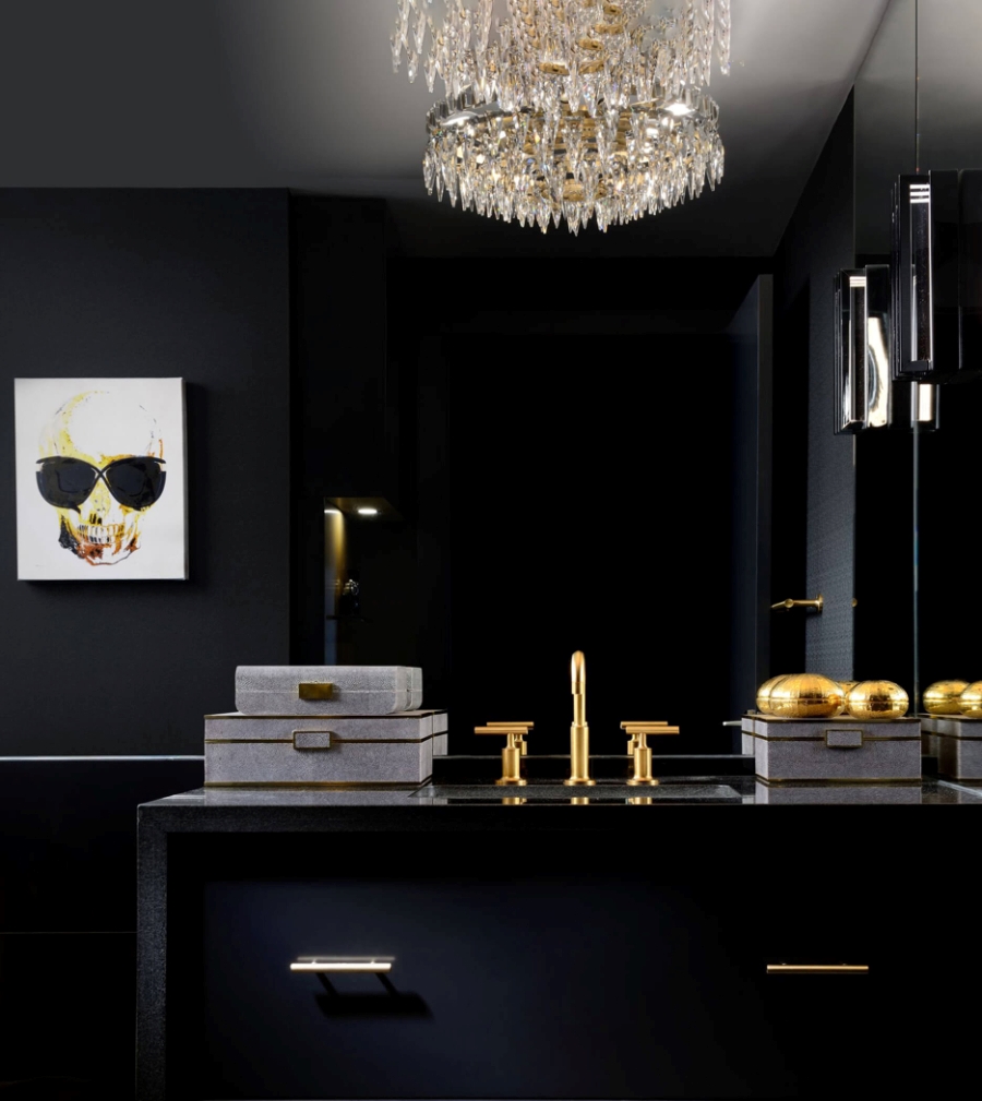 Home decoration ideas by Tomas Pearce Interior Design Consulting Inc. . This black bathroom has details gold and black vanity and walls.   home decoration ideas Home decoration ideas by Tomas Pearce Interior Design Consulting Inc. The Yorkville condominiums 1