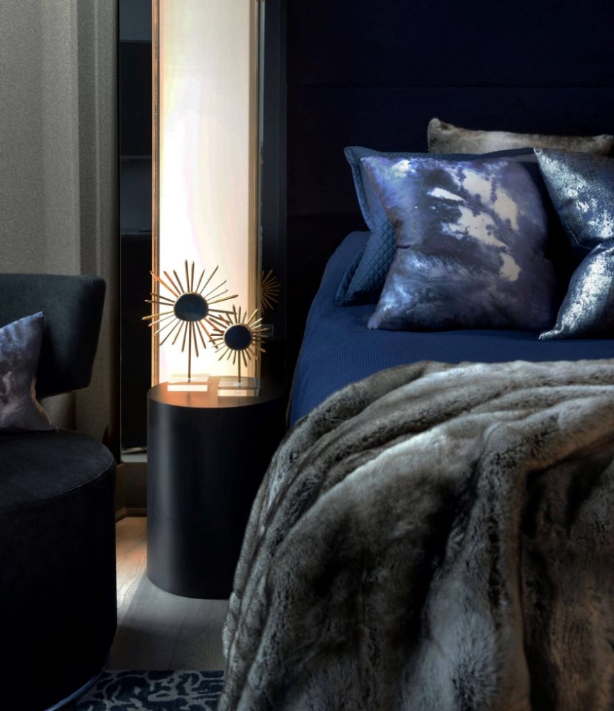 Home decoration ideas by Tomas Pearce Interior Design Consulting Inc. .  This bedroom has darker colors where the bed is dark blue and the side table is in black.  home decoration ideas Home decoration ideas by Tomas Pearce Interior Design Consulting Inc. The Yorkville condominiums 2 1 884x1024