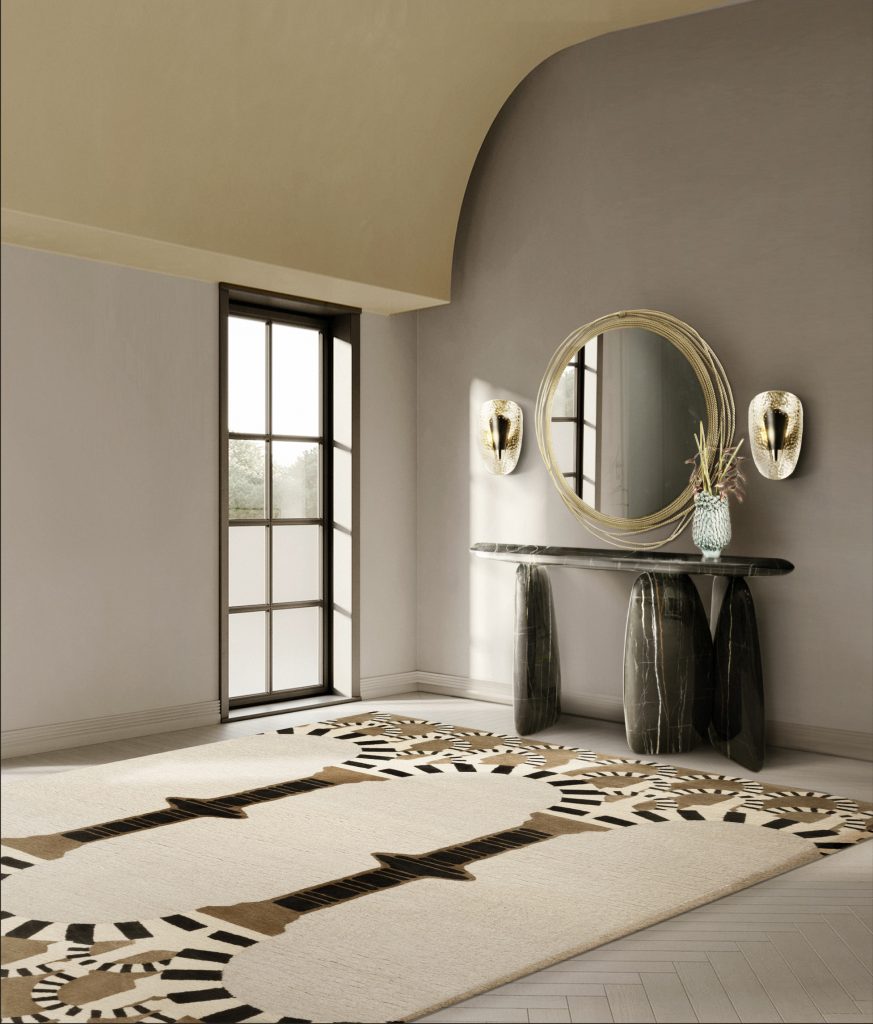 neutral tone hallway design with round mirror unique mirrors Unique Mirrors Inspirations to Spice Up Hallways Unique Mirrors Inspirations to Spice Up Hallways1 873x1024