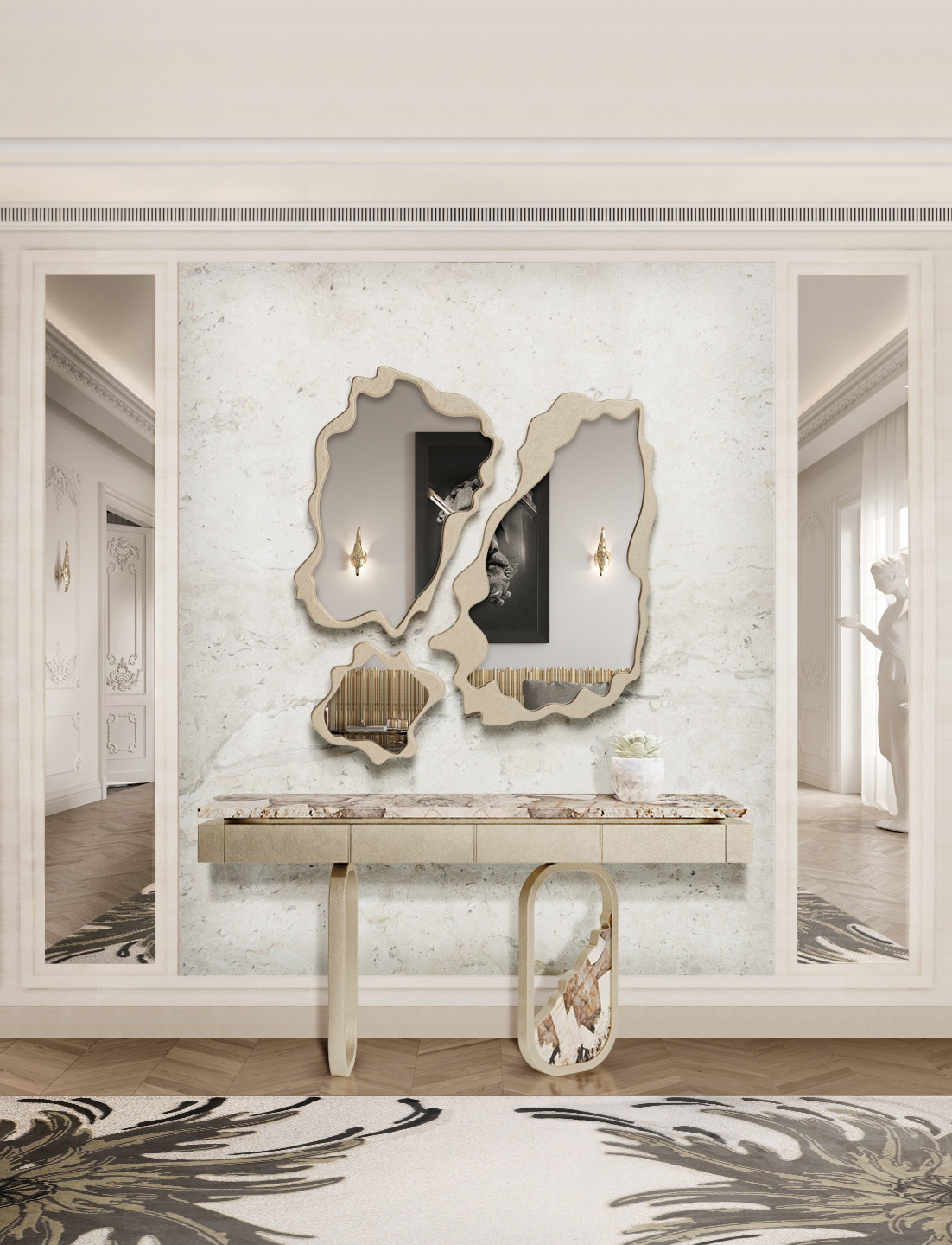 golden hallway design with rare shaped mirror unique mirrors Unique Mirrors Inspirations to Spice Up Hallways Unique Mirrors Inspirations to Spice Up Hallways2
