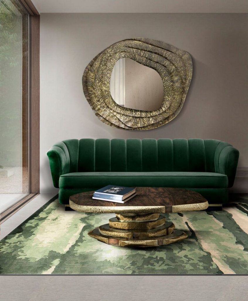 modern green living room with velvet sofa and wood centre table modern centre tables 10 Modern Centre Tables You Must Know Today 10 Modern Centre Tables You Must Know Today 6 846x1024