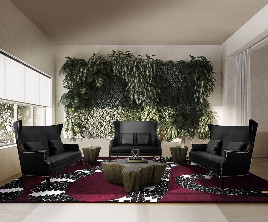 modern living room with black two seat sofas and wood centre and side tables modern centre tables 10 Modern Centre Tables You Must Know Today 10 Modern Centre Tables You Must Know Today 8