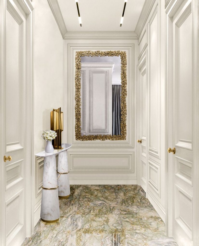 modern white hallway with golden rectangular mirror hallway design Hallway Design: Take it into account! Hallway Design Take it into account 11 826x1024