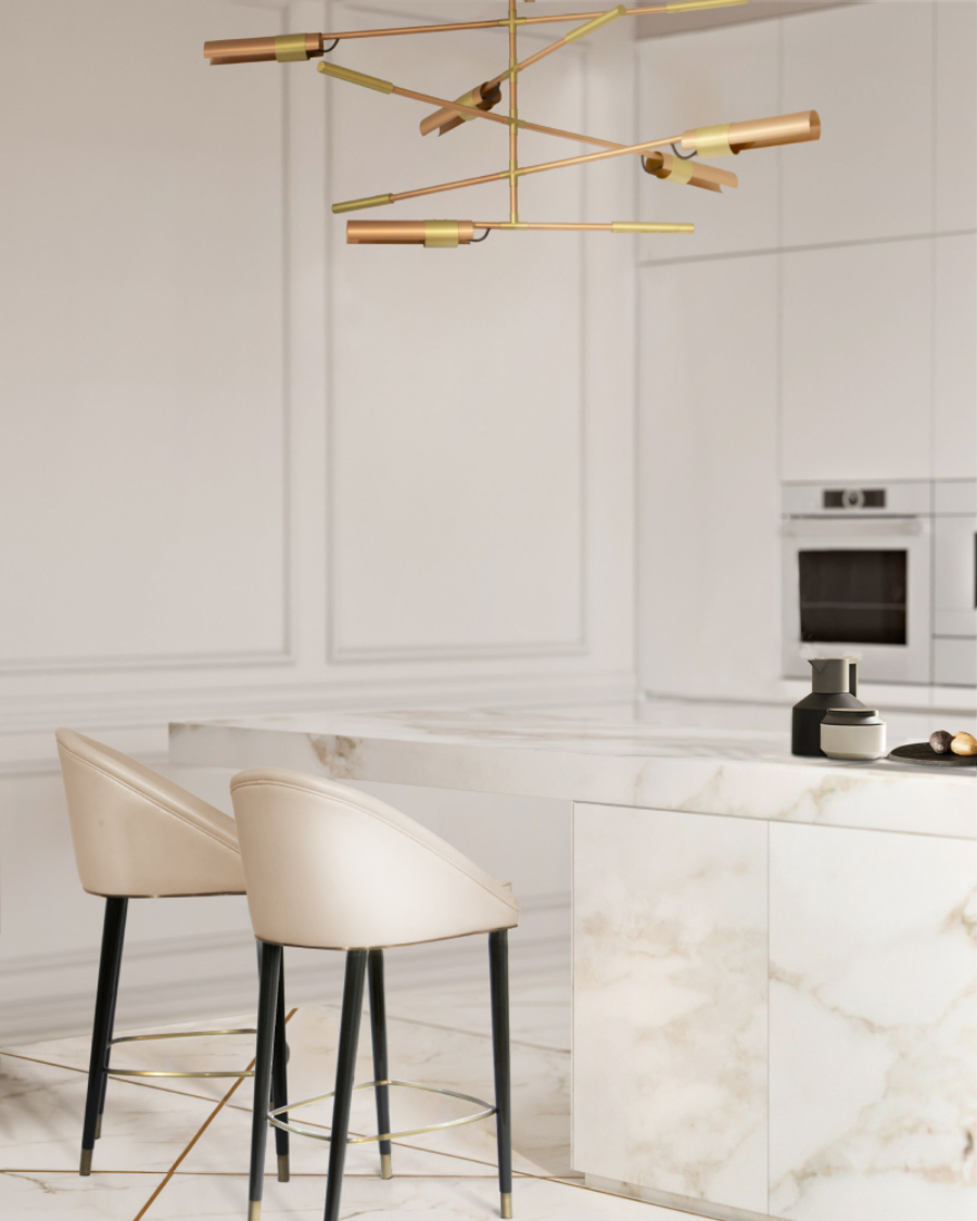 kitchen by Brabbu with white counter stools and golden suspension lamp ensamble studio Ensamble Studio Modern Interior Design Ideas Modern Kitchen Decoration with White Malay Counter Stool