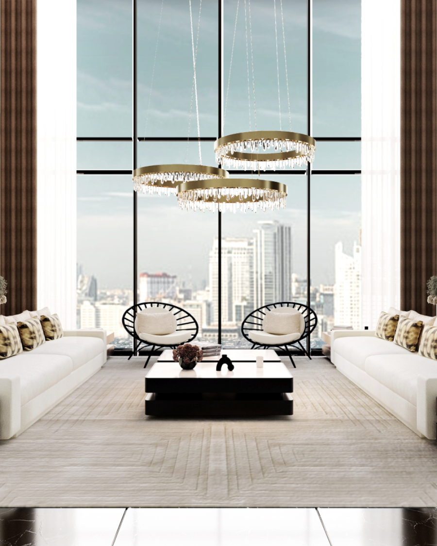Living room by Brabbu with white sofas and golden suspension lamps ensamble studio Ensamble Studio Modern Interior Design Ideas Sala Estar NY 05