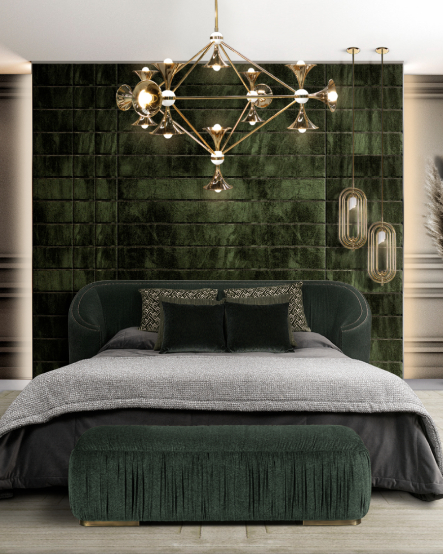 bedroom by Brabbu with green headboard and green bench disak estudio Disak Estudio Modern Interior Design Ideas Disak Estudio Modern Interior Design Ideas1 5 1 1