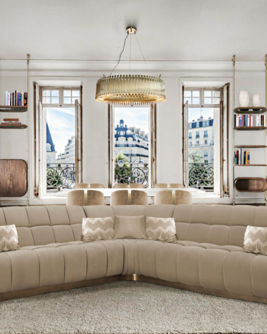 living room by Brabbu with beige sofa and golden suspension lamp disak estudio Disak Estudio Modern Interior Design Ideas Disak Estudio Modern Interior Design Ideas1 6 1 1