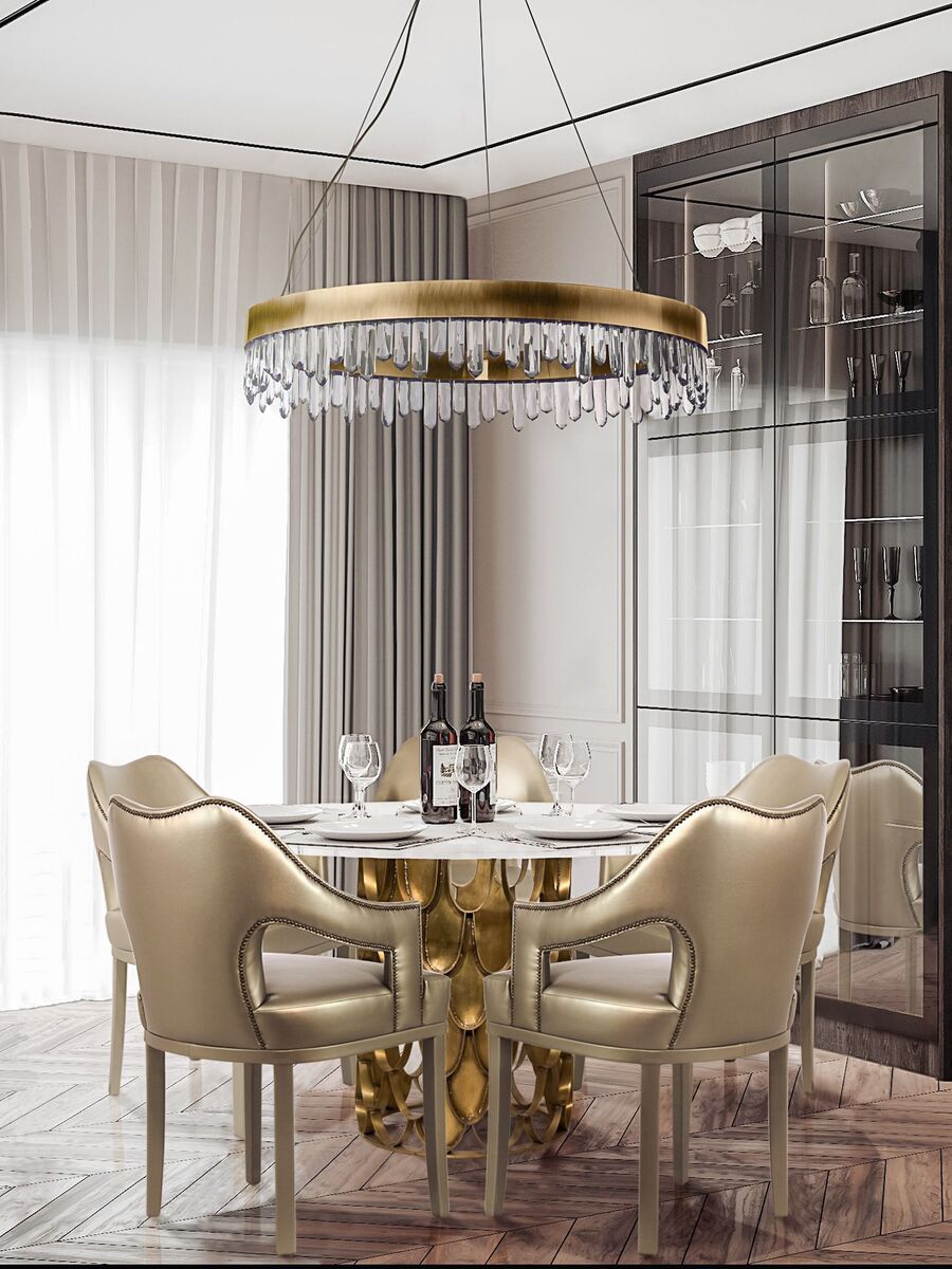 Modern luxurious dining room with golden details dining tables Round Dining Tables vs Rectangular Dining Tables Oval Dining Tables vs Rectangular Dining Tables 1