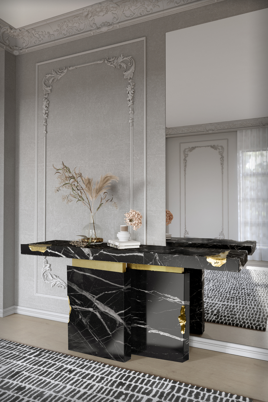 modern console table in black and golden leaf modern console How to Guide to Style a Modern Console BL Empire Desck nero marquina 1