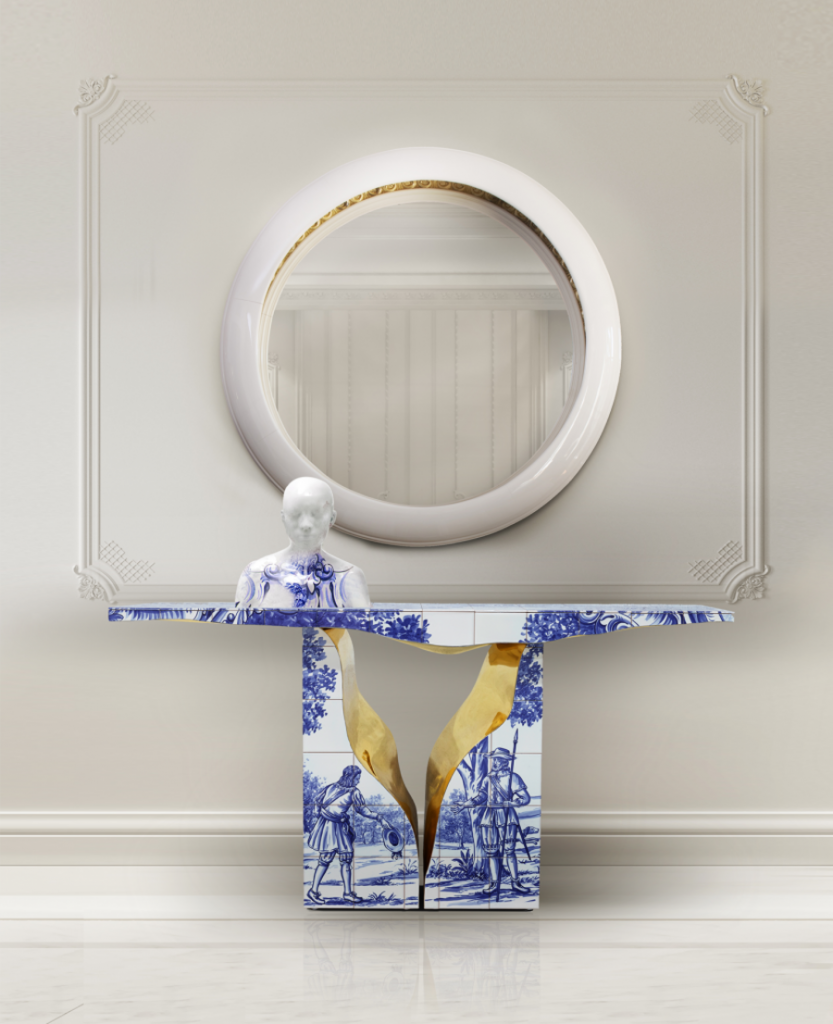 modern console in blue and white modern console How to Guide to Style a Modern Console How to Guide to Style Modern Consoles 13 833x1024