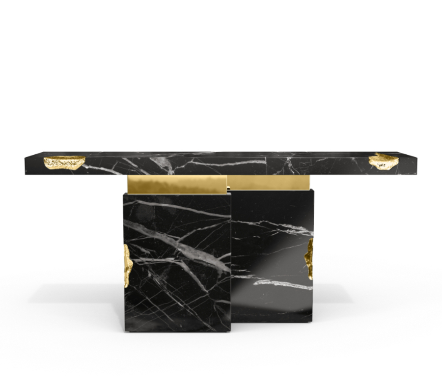modern console table in black and golden leaf modern console How to Guide to Style a Modern Console How to Guide to Style Modern Consoles 2